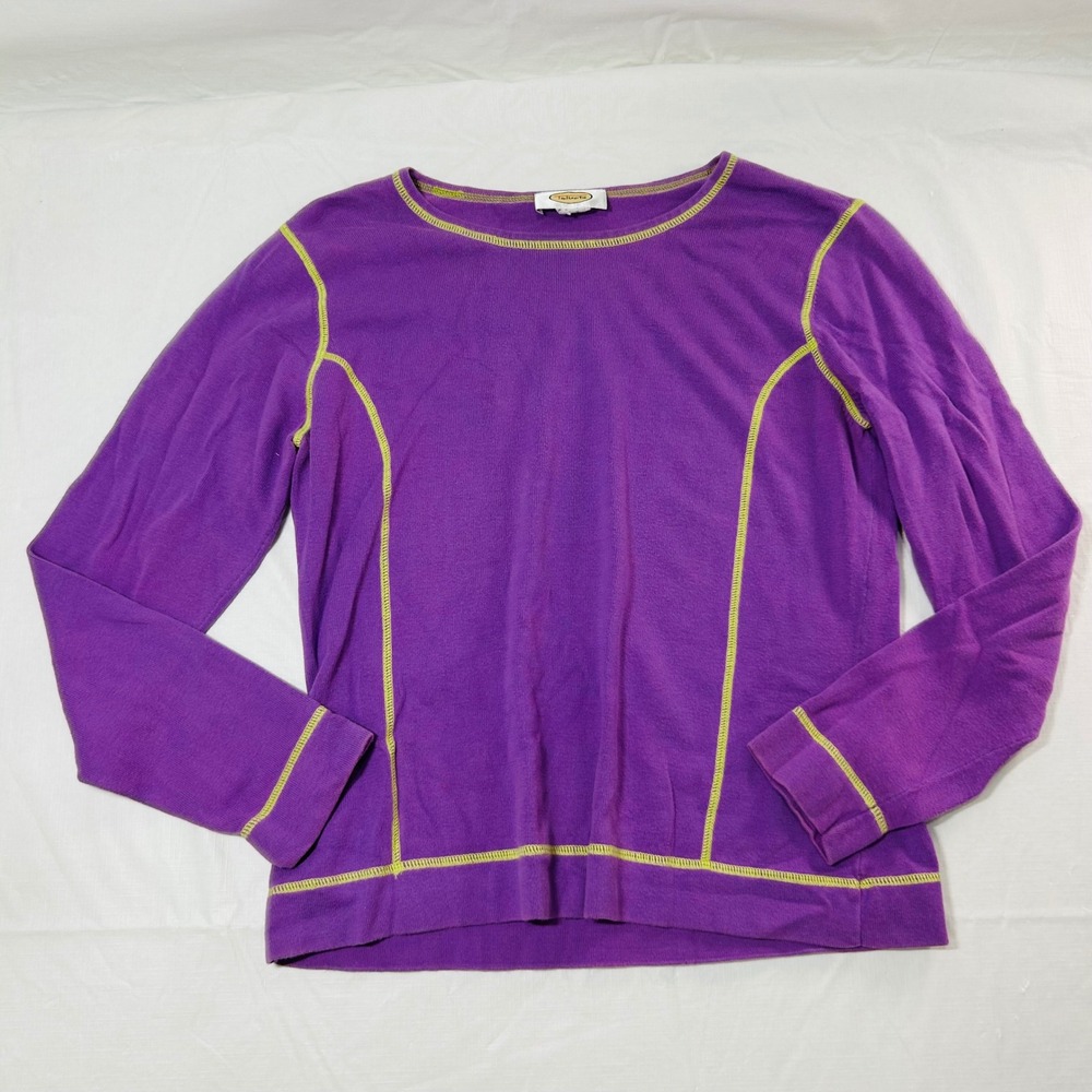 Talbots y2k Purple Long Sleeve Crew Neck Top Lime Green Contrast Stitching